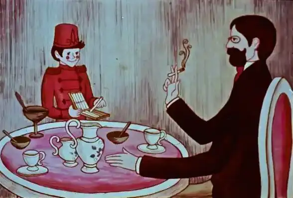 Ilustrație artistică cu un personaj servind un alt personaj la o masă, cu elemente de servire a băuturilor și țigărilor.