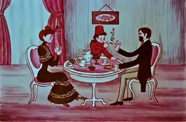 Ilustrație cu trei personaje la o masă, unul dintre ele servind, cu un text amuzant despre o interacțiune socială.