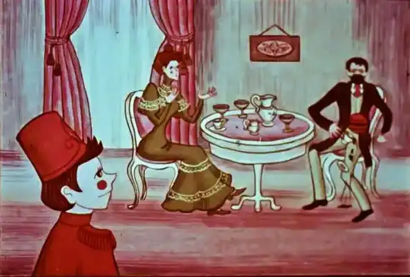 O ilustrație care prezintă o scenă cu trei personaje la o masă, discutând în timp ce una dintre personaje pare să fie îngrijorată.