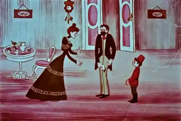 Imagine dintr-o scenă animată cu personaje, unde un personaj feminin îi reproșează altuia că a supărat un domn, în timp ce un copil și un bărbat observă conversația.