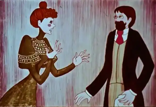 Ilustrație artistică cu doi personaje într-o conversație dramatică.