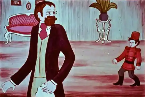 Ilustrație animatedă cu un bărbat și un copil, cu text în partea de jos care conține o frază despre un maior.