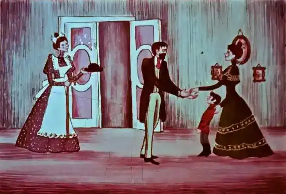 O scenă ilustrativă cu personaje, reprezentând o interacțiune veselă între un bărbat, o femeie și un copil, cu uși și decoruri în fundal.