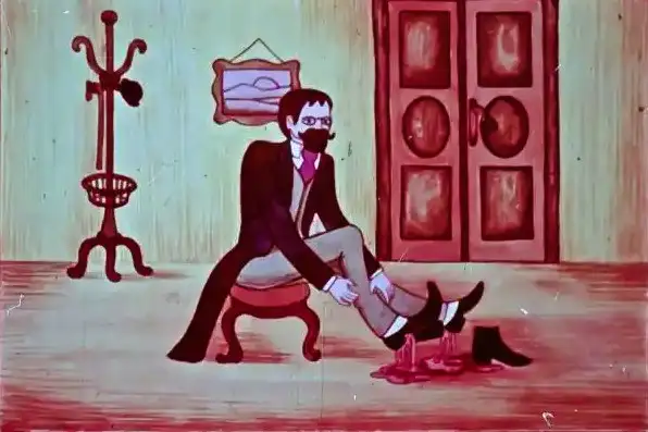 Imagine artistică reprezentând un om într-o cameră, întinzându-se spre șosoni, cu un text explicativ în partea de jos.