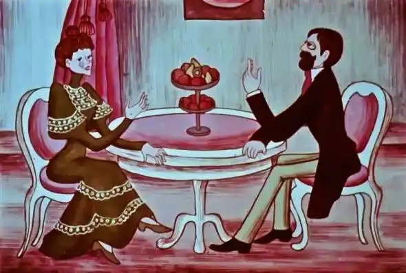 Ilustrație care prezintă o conversație între doi personaje la o masă, cu text despre educația unui copil.