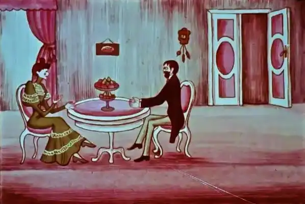 Ilustrație reprezentând o conversație între două persoane la o masă, cu un design interior simplu și tradițional.