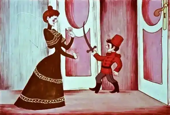 Ilustrație animată cu o femeie în rochie care strigă către un băiat mic îmbrăcat în uniformă, cu o sabie în mână, în fața unei uși.