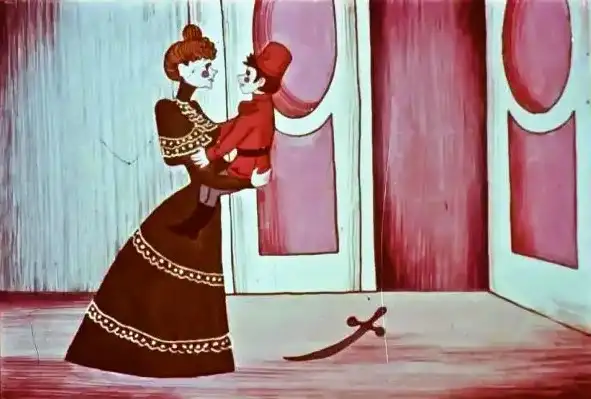 Ilustrație animată cu o mamă care își îmbrățișează copilul și îl avertizează despre un pericol legat de o mașină.