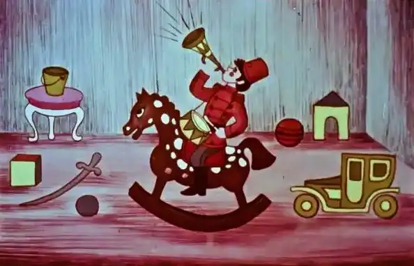 O ilustrație cu un maior pe un cal de jucărie, care sună o tobă și o trimbită, înconjurat de diverse jucării.