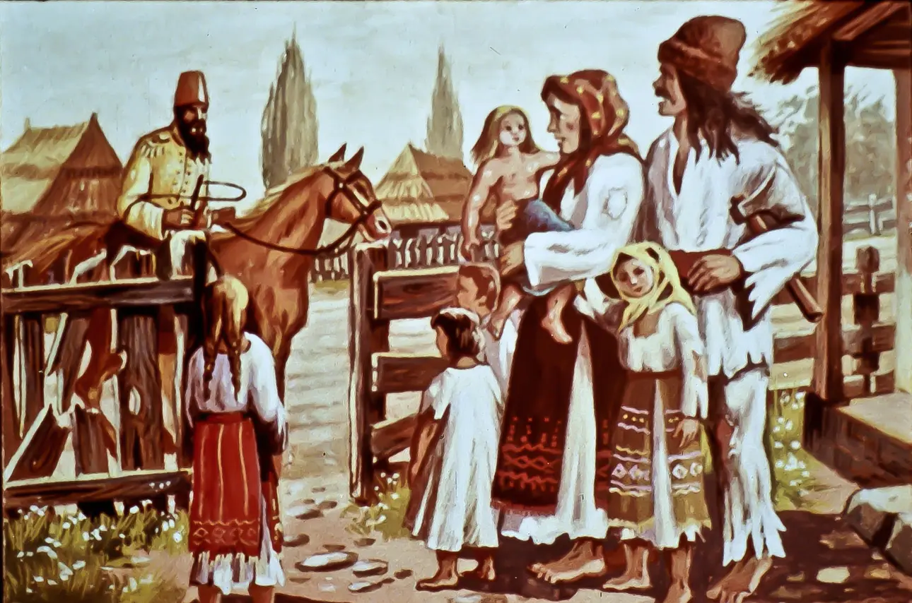 Ilustrație care arată un grup de oameni în costume tradiționale, discutând cu un soldat călare în fața unui gard, în peisaj rural.