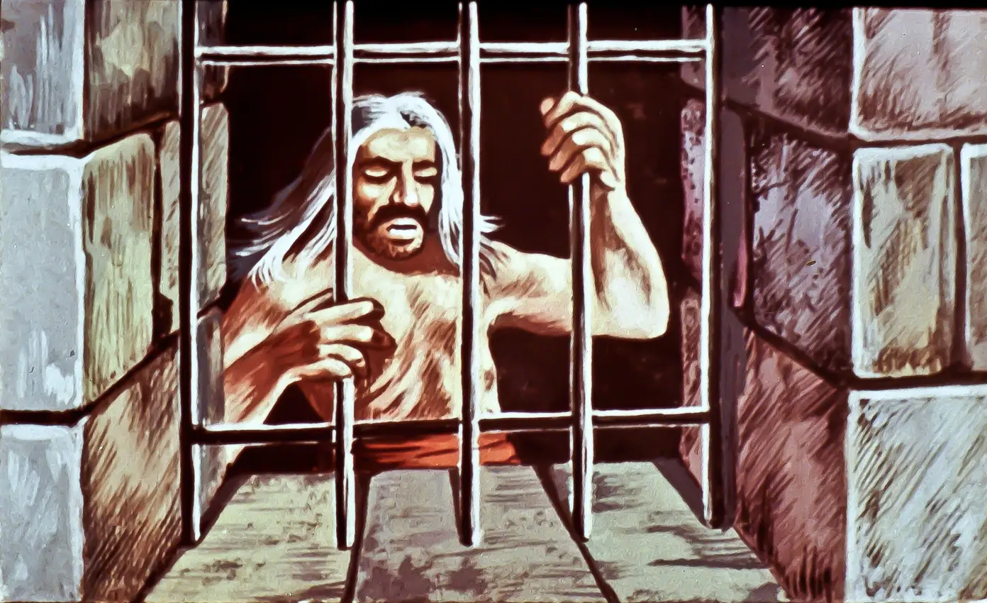 Imagine a unui bărbat cu părul lung și alb, închis într-o celulă, ținându-se de gratiile unei uși de închisoare.