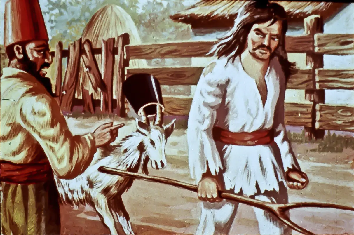 Ilustrație cu doi bărbați într-un peisaj rural, unul dintre ei ținând o țarcă și altul cu o capră.