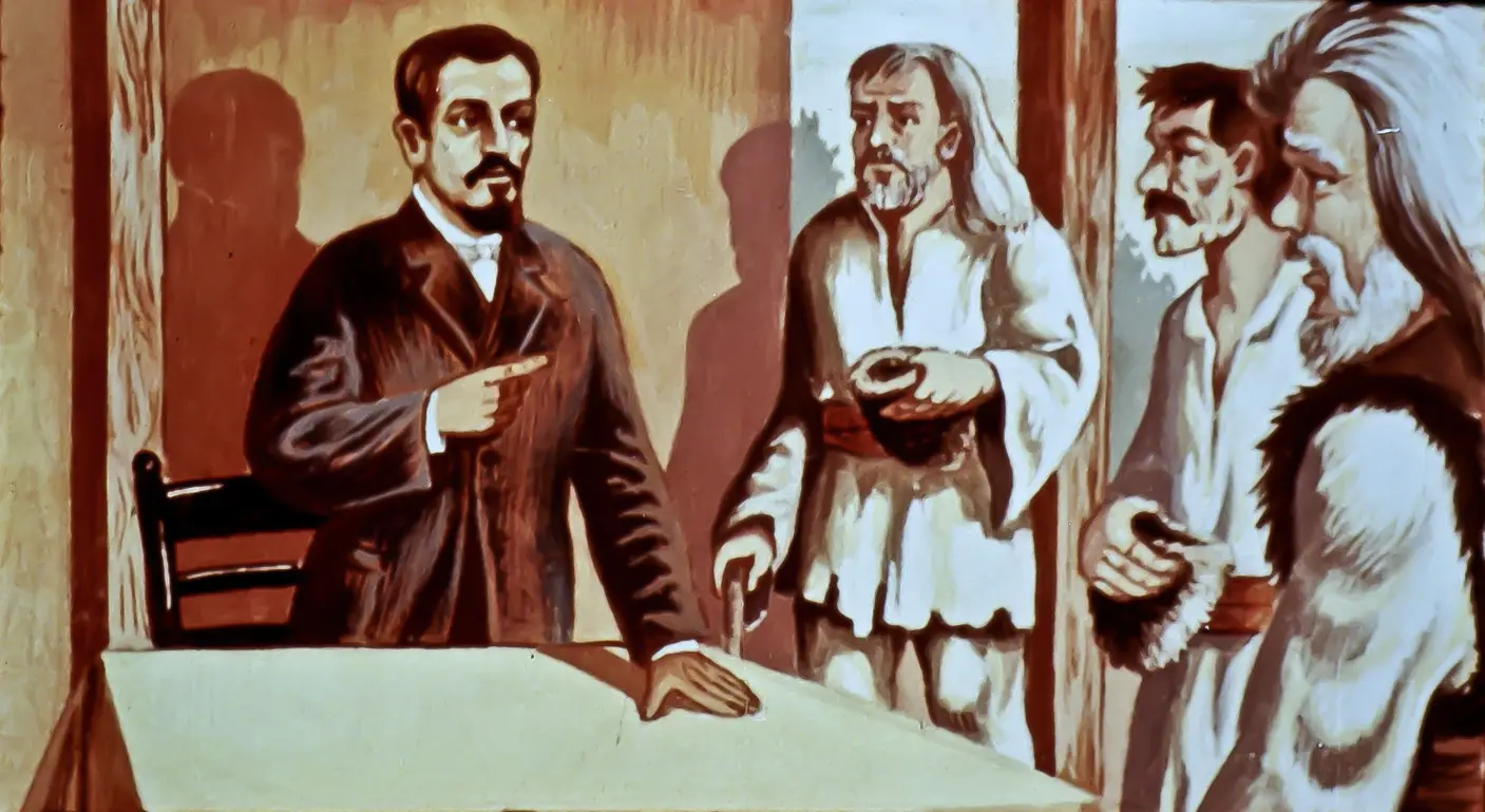 Ilustrație cu patru bărbați în discuție, unul dintre ei gesticulând în fața unei mese.