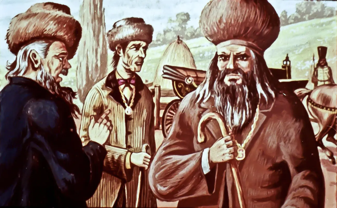 Trei bărbați cu pălării în picioare, într-un peisaj cu natură, discutând.