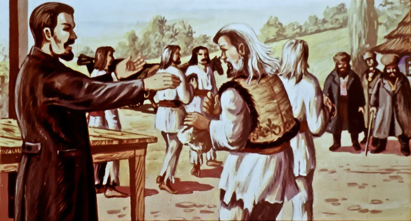 Ilustrație reprezentând o scenă din viața rurală, cu mai multe personaje îmbrăcate în costume tradiționale, în diverse activități de zi cu zi.