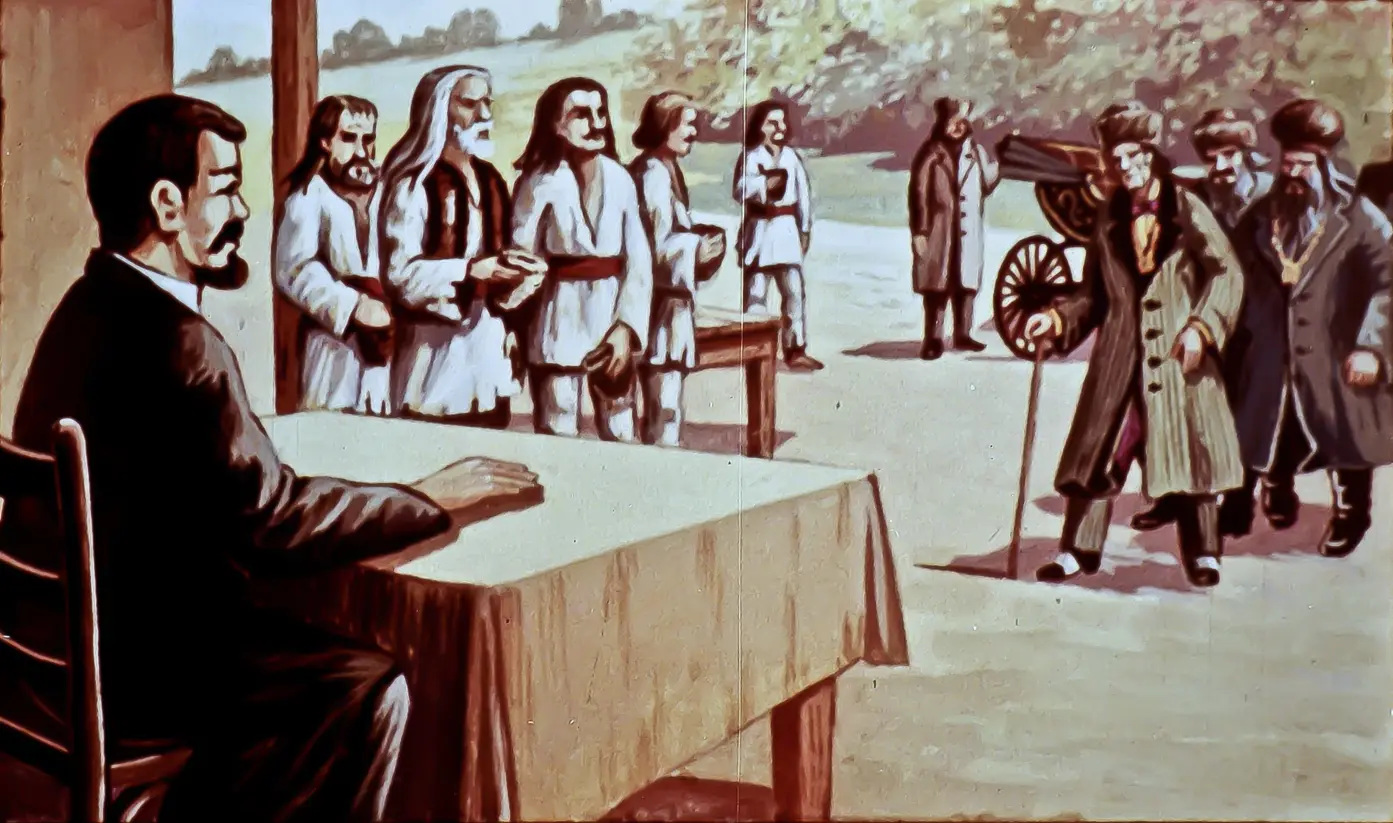 O scenă ilustrată cu un bărbat la o masă, în fața mai multor personaje îmbrăcate în costume tradiționale, pe un fundal de peisaj. Bărbatul pare să conducă o întâlnire sau o discuție.