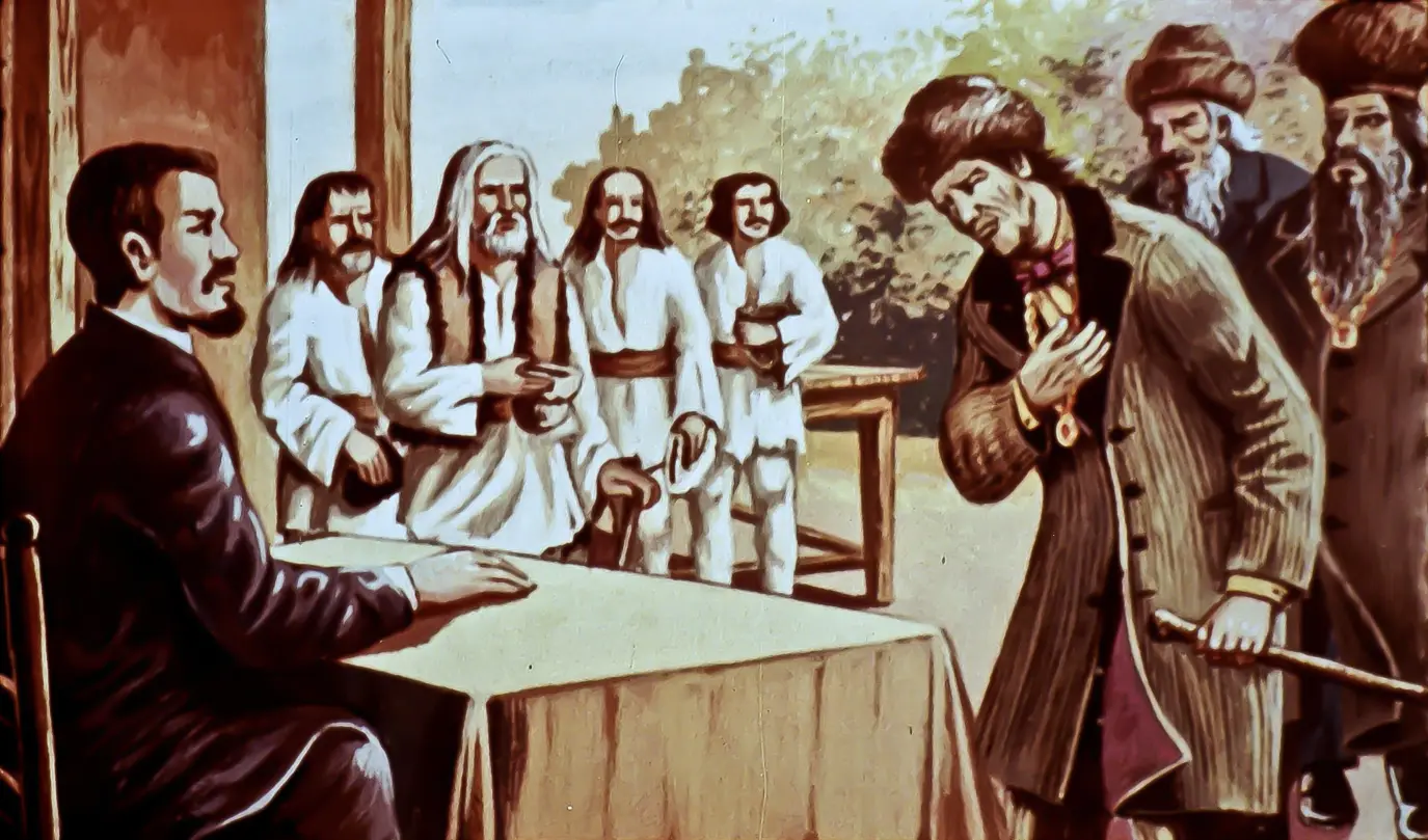 Ilustrație care prezintă o scenă cu mai multe personaje, unele îmbrăcate traditional, interacționând în jurul unei mese.