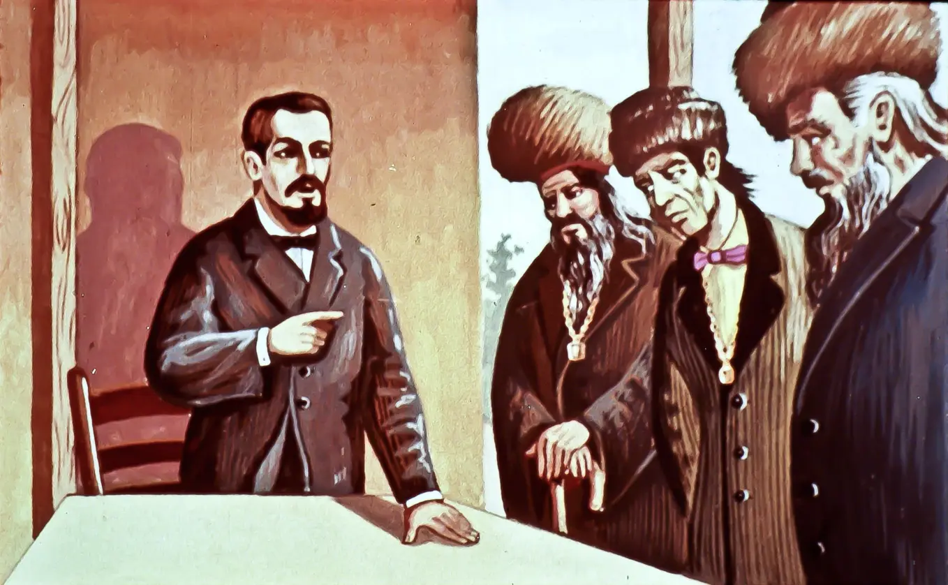 O ilustrație care reprezintă patru bărbați îmbrăcați în costume istorice, discutând într-o încăpere cu un birou, iar unul dintre ei gesticulează explicativ.