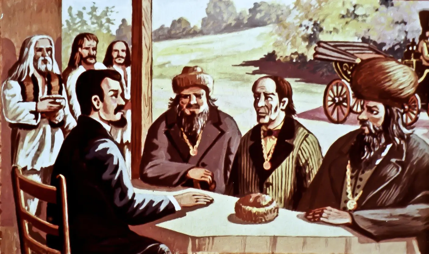 O pictură care ilustrează mai multe figuri masculine discutând la o masă, înconjurate de un peisaj natural.