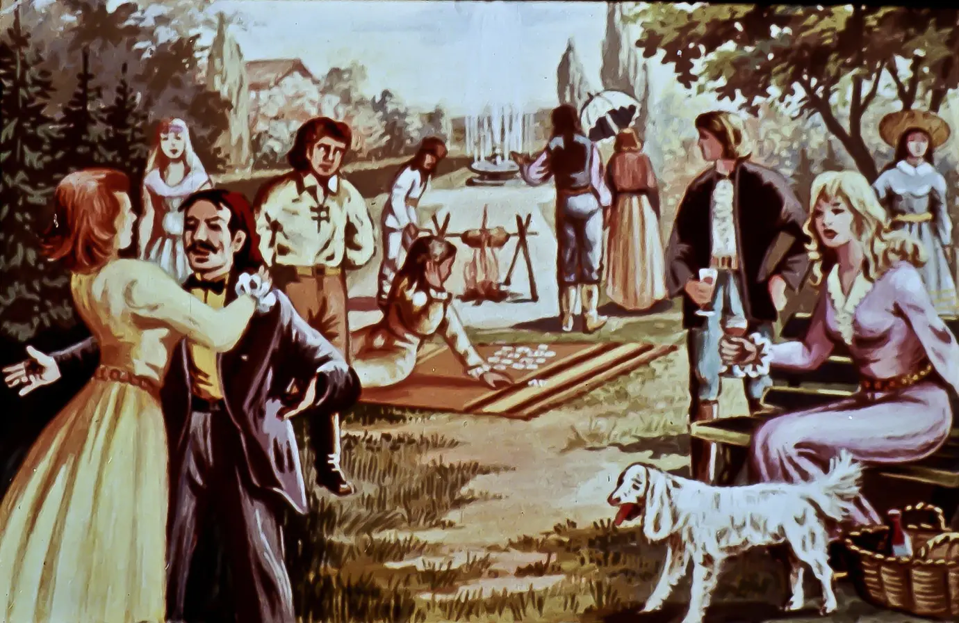 O scenă vibrantă de țară, cu oameni angajați în diverse activități precum dans, muncă și relaxare, înconjurați de natură și un peisaj liniștit.