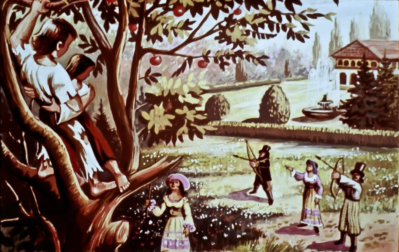 Imagine artistică cu copii care se joacă într-un peisaj natural, un băiat în copac, o fată cu o pălărie, și oameni care participă la activități în aer liber.