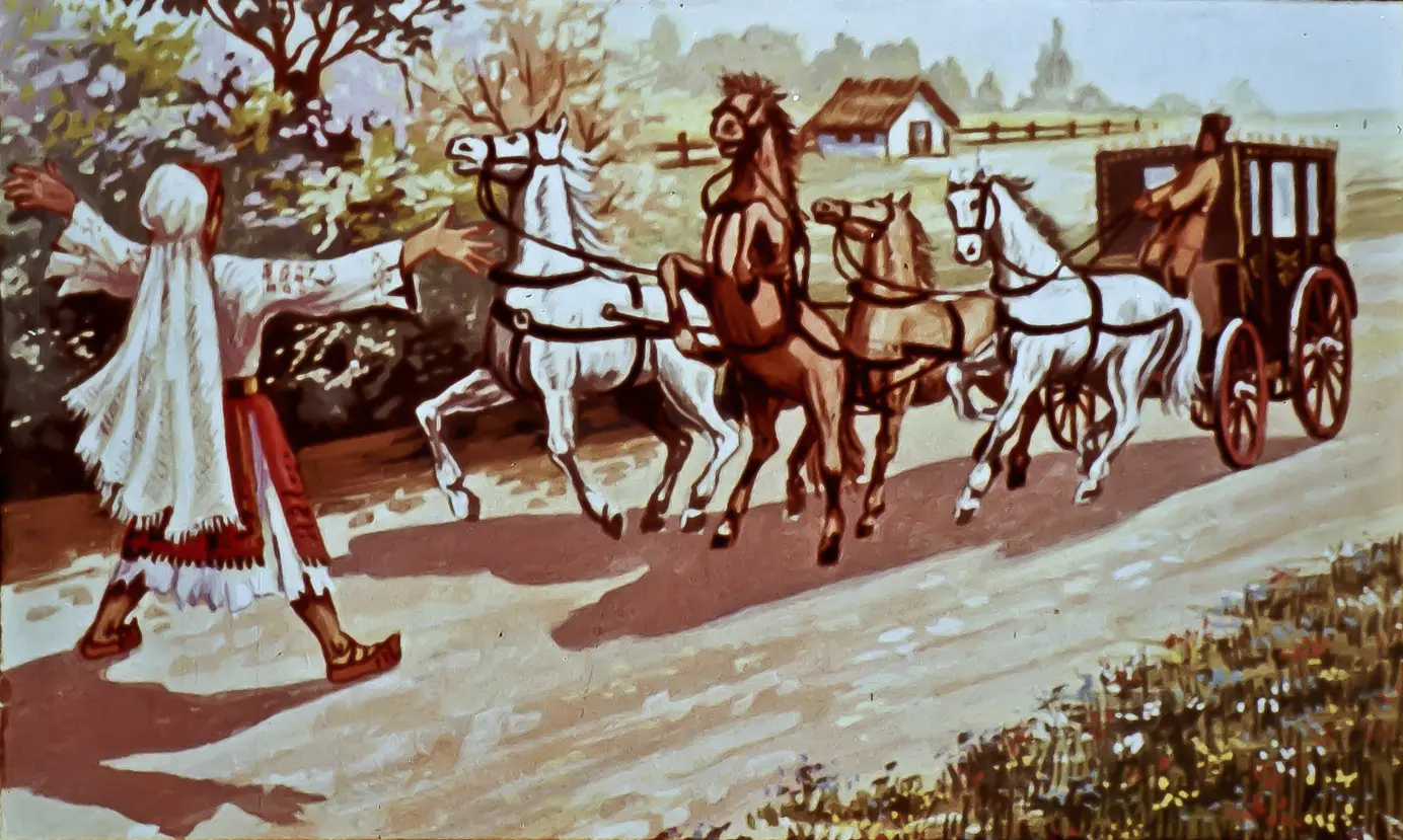 Ilustrație cu o persoană îmbrăcată tradițional, salutând un cal care trage o trăsură, pe o cale rurală, cu o casă și copaci în fundal.