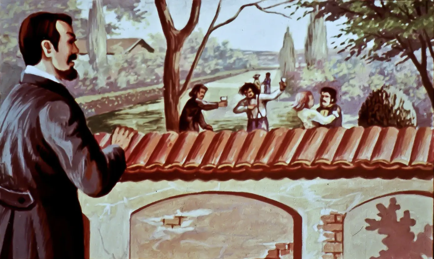 Imagine reprezentând un bărbat îmbrăcat elegant care privește peste un zid, observând grupuri de oameni care se bucură în natură.