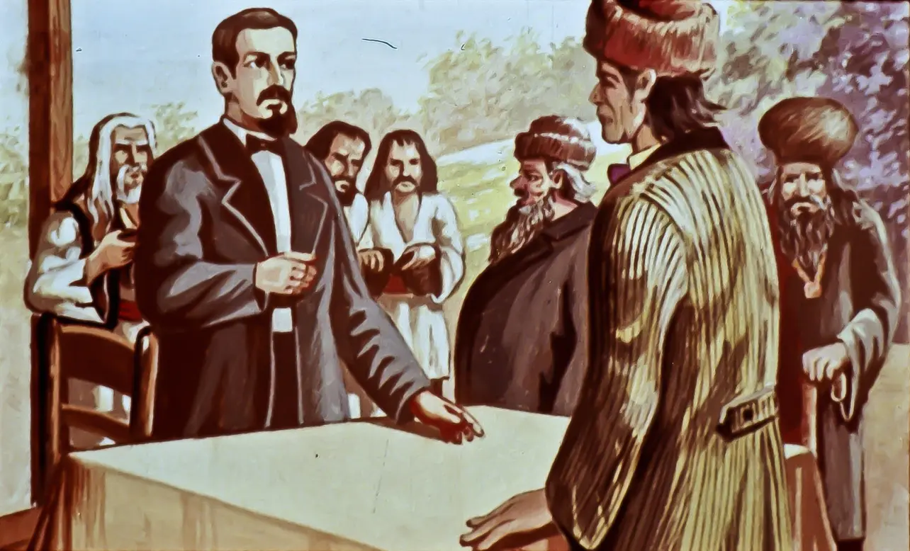 Ilustrație reprezentând o întâlnire istorică cu mai mulți bărbați, unul dintre ei stând la o masă și discutând, în timp ce alții privesc.