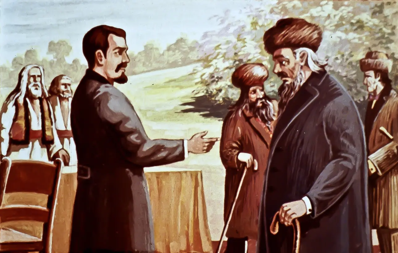 O scenă pictată care ilustrează o întâlnire între mai mulți bărbați, unii îmbrăcați în haine tradiționale, într-un peisaj natural.