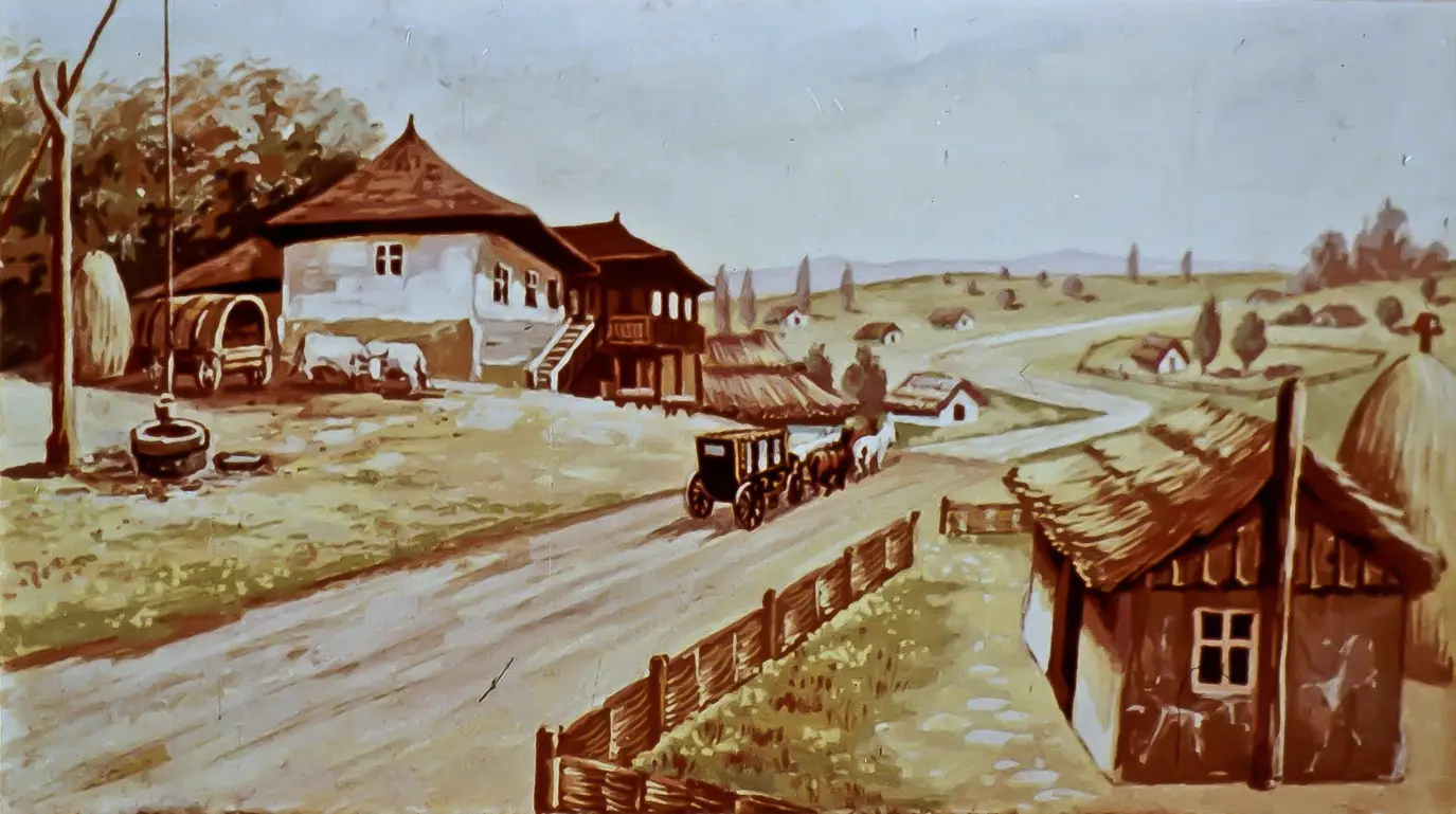 Peisaj rural cu case tradiționale și o stradă pe care circulă un vehicul tras de cai.