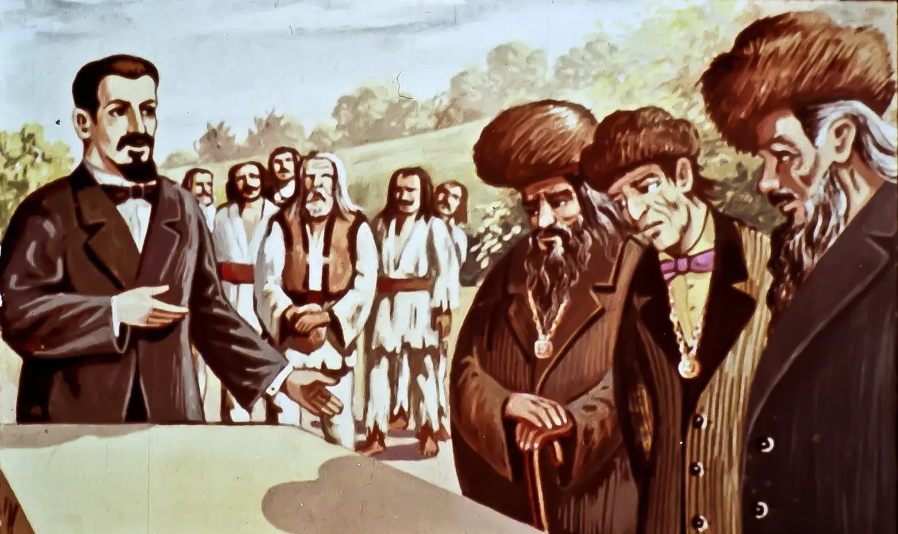 O scenă picturală care ilustrează un bărbat într-un costum care face o prezentare în fața unui grup de oameni, inclusiv bărbați cu pălării și tunici tradiționale, pe un fundal natural.