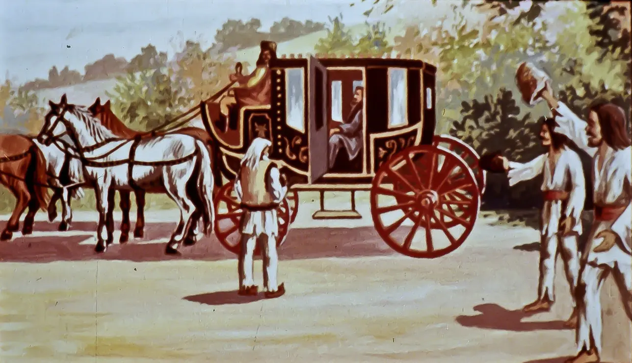 O ilustratie care arata un car cu roti mari tras de cai, in care se afla o persoana, iar alte personaje interacționează în jurul carului.