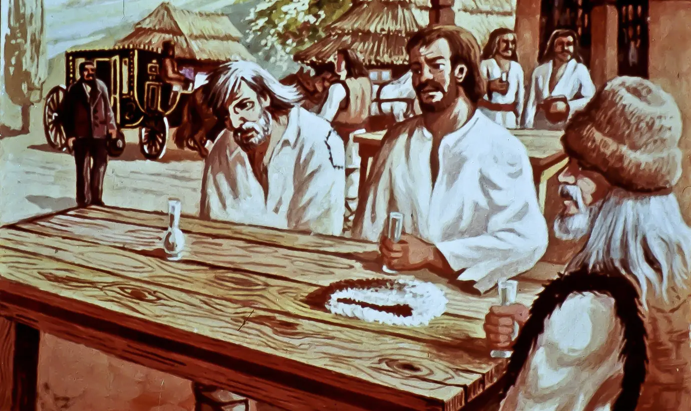 O ilustrație care prezintă mai mulți bărbați așezați la o masă din lemn, într-un decor tradițional, cu o căruță în fundal și case cu acoperișuri din paie.