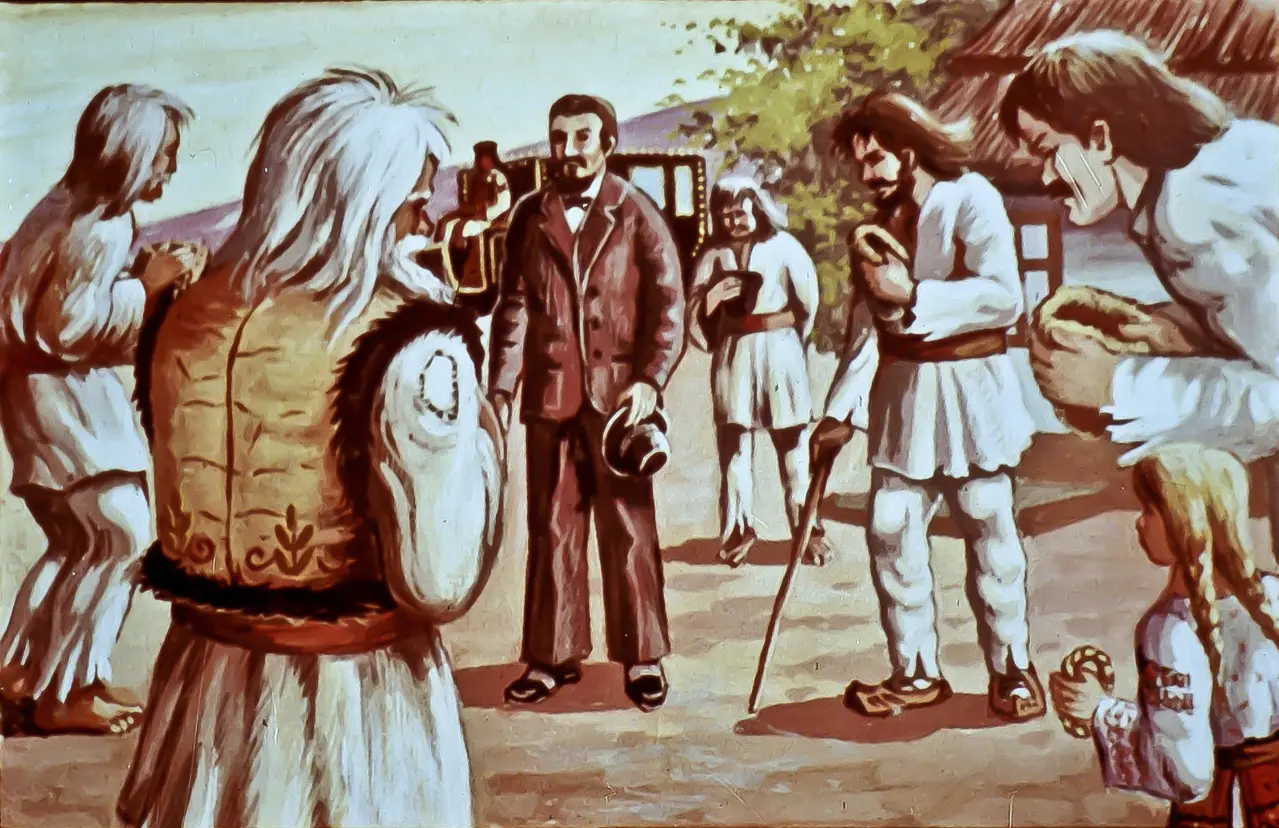 Ilustrație cu oameni în costume tradiționale interacționând cu un bărbat îmbrăcat elegant, într-un context rural.