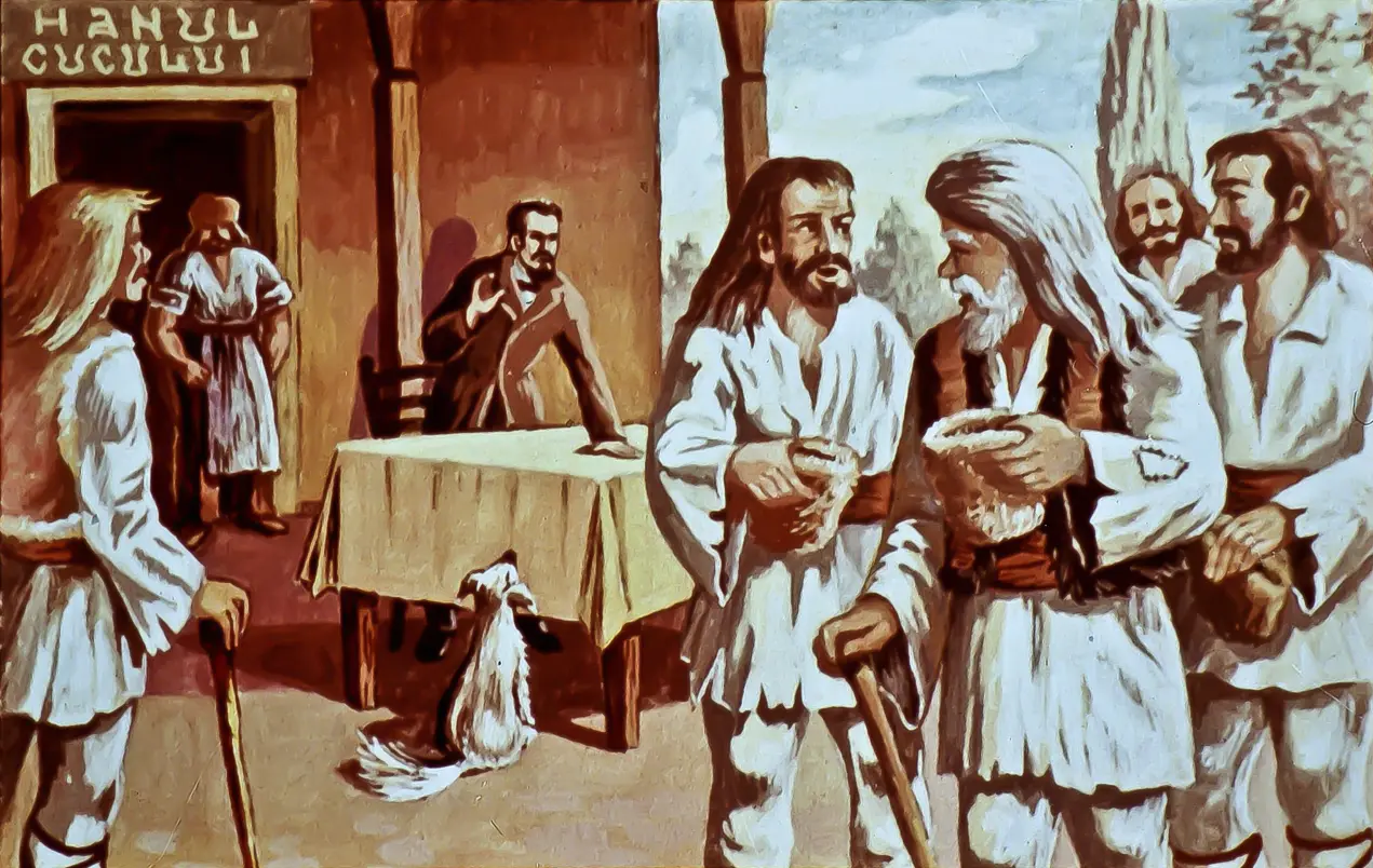 Ilustrație care prezintă o scenă de interacțiune între mai multe personaje, în fața unei clădiri numită 'Hanul'.