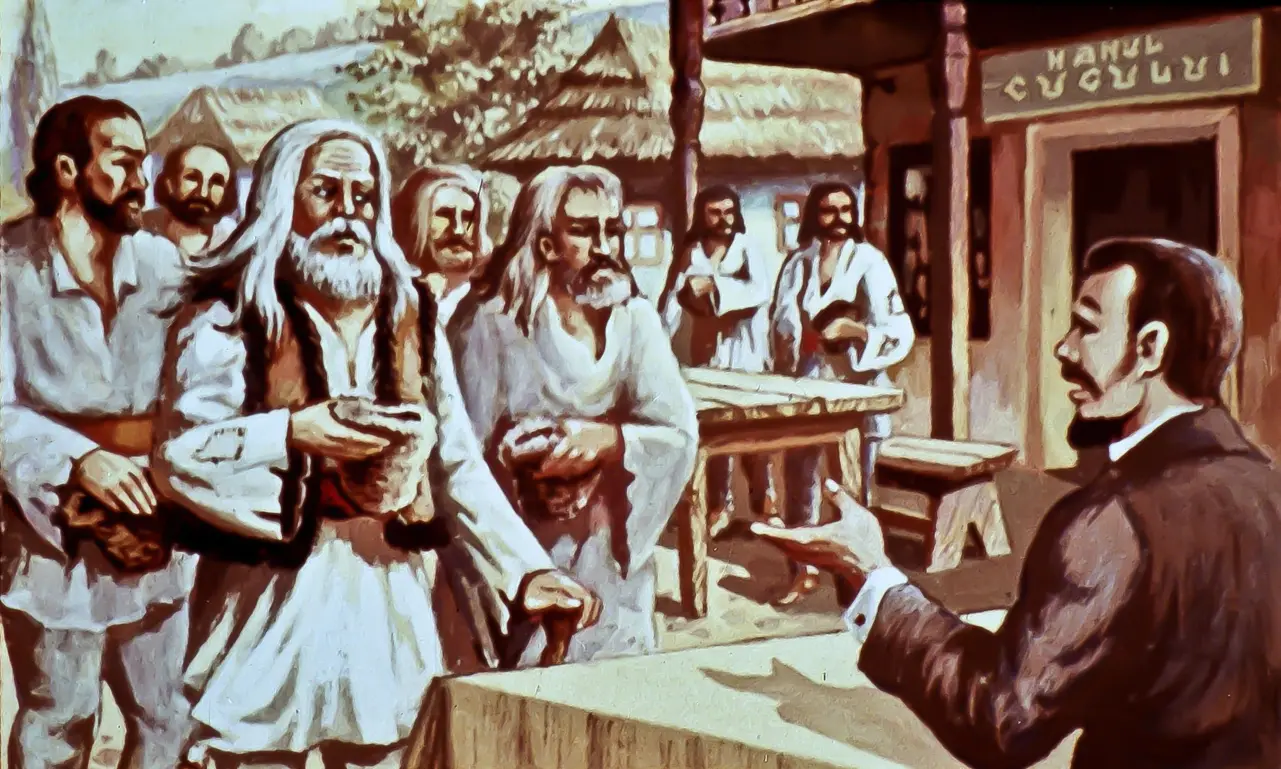 O ilustrare a unei scene istorice cu mai multe personaje masculine, îmbrăcate în costume tradiționale, interacționând într-un mediu rural, cu clădiri din lemn și acoperișuri de stuf în fundal.