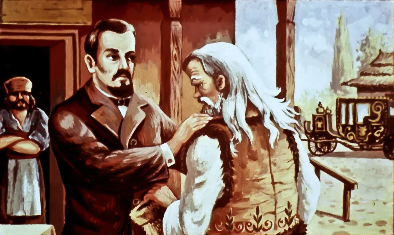 O ilustrație care arată o interacțiune dintre două personaje, cu un bărbat tânăr îmbrăcat elegant, vorbind cu un bărbat mai în vârstă, care poartă haine tradiționale, într-un cadru istoric.