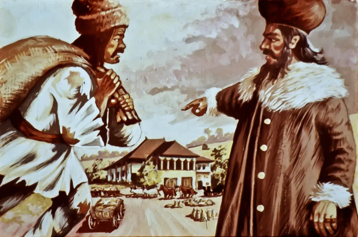 Imaginea ilustrează o scenă dintre doi bărbați îmbrăcați în costume tradiționale, într-un peisaj rural. Un bărbat, cu o sacoșă pe spate, pare să se roage de celălalt, care poartă o haină cu guler de blană și gesticulează.