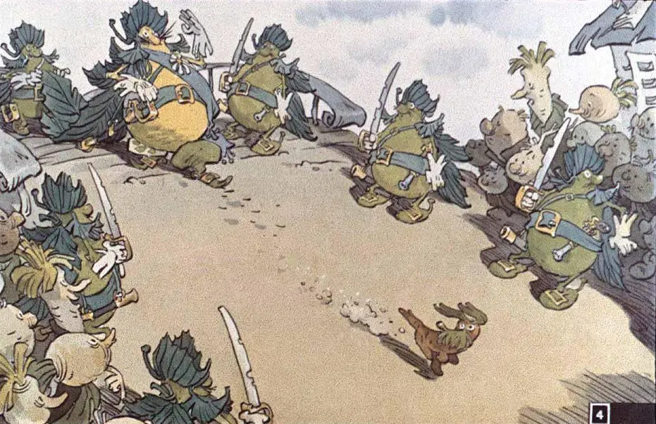 O ilustrare animată cu figuri comice, inclusiv personaje cu arme, pe un peisaj deschis.