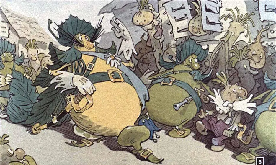 Ilustrație animată cu personaje fantastice îmbrăcate în costume colorate, participând la o procesiune, înconjurate de diverse legume și creaturi imaginare.