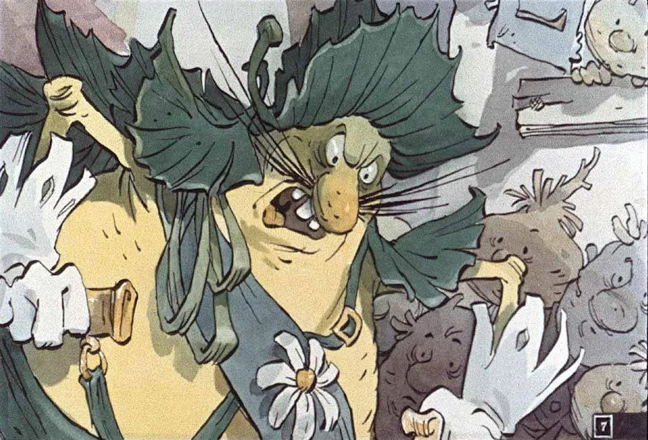 Ilustrație de tip caricatură cu un personaj furios, îmbrăcat în frunze, având o floare albă la gât, și cu un grup de creaturi ciudate în fundal.