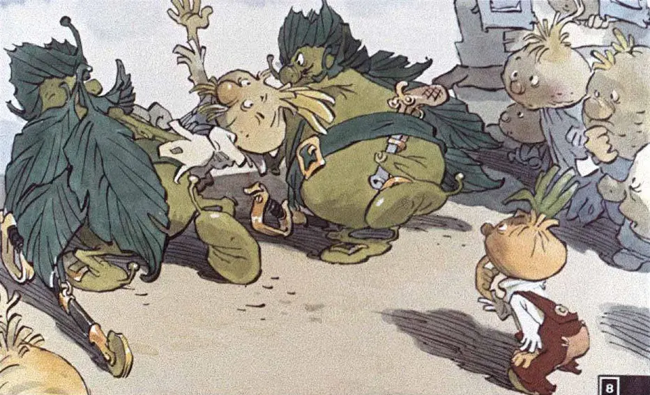 Ilustrație animată reprezentând personaje fantastice, cu frunze și păr voluminos, interacționând într-un peisaj exterior.