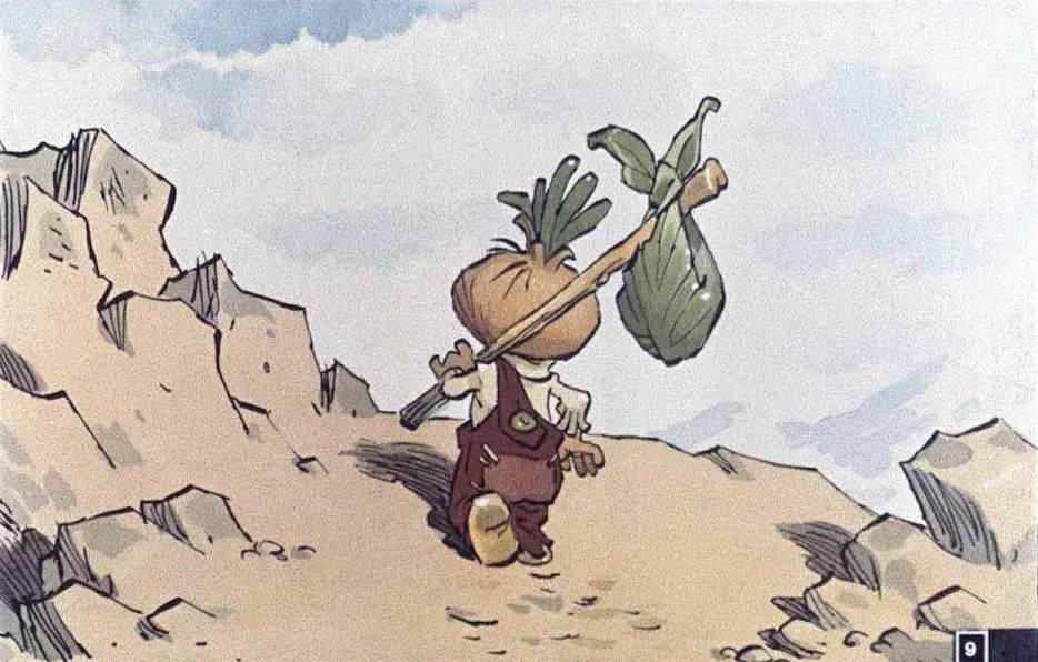 Ilustrație animată cu un personaj purtând o legumă pe umăr și mergând pe un drum desfundat.