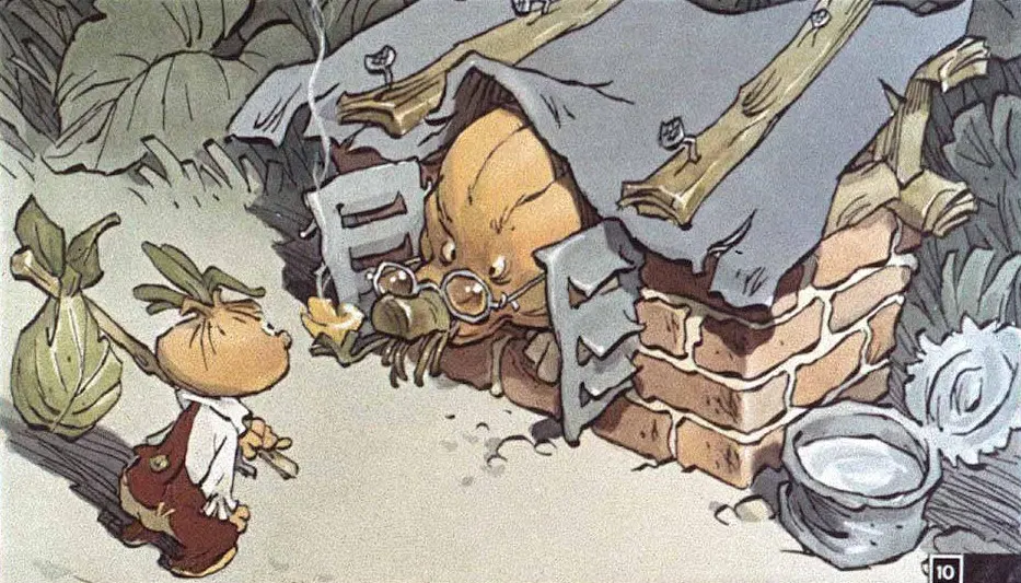 O ilustrație animată cu un personaj de legumă care vorbește cu o altă legumă în fața unei căbănuțe.