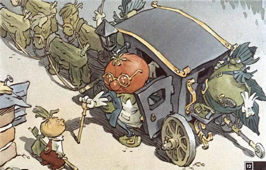 Ilustrație animată cu legume antropomorfe într-o scenă de poveste.