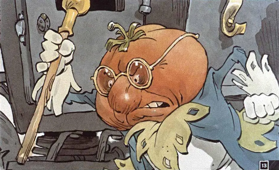 O ilustrație animată cu un dovleac cu ochelari și o frunză pe cap, îmbrăcat într-o haină, care ține un ciocan într-o mână, exprimând o stare de supărare.