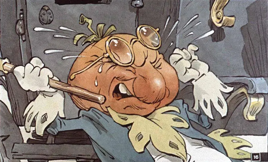 Un personaj animat cu față rotundă și ochelari mari, care pare supărat, cu picături de apă pe față, îmbrăcat într-o haină cu un guler mare.