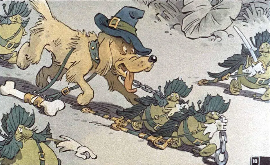 Imagine colorată cu un câine care poartă o pălărie și trage o lanț cu personaje asemănătoare cu zâne, care poartă costume verzi.