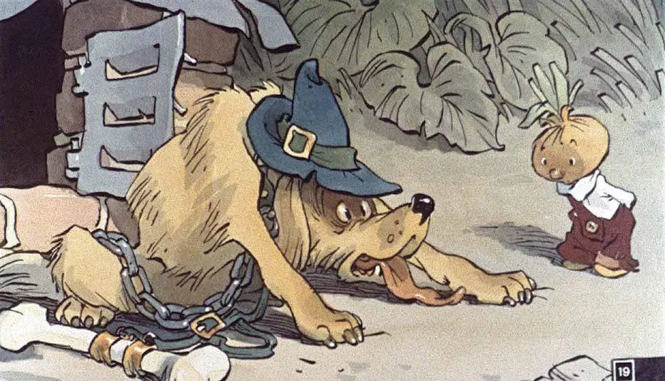 Ilustrație animată cu un câine purtând o pălărie și un personaj mic, cu frunze pe cap, interacționând într-un peisaj simplu.