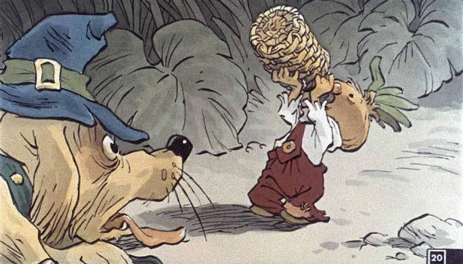 Un câine purtând o pălărie stă pe o potecă în timp ce un personaj mic, cu un ananas pe cap, ține o ladă, într-o scenă colorată dintr-o poveste.